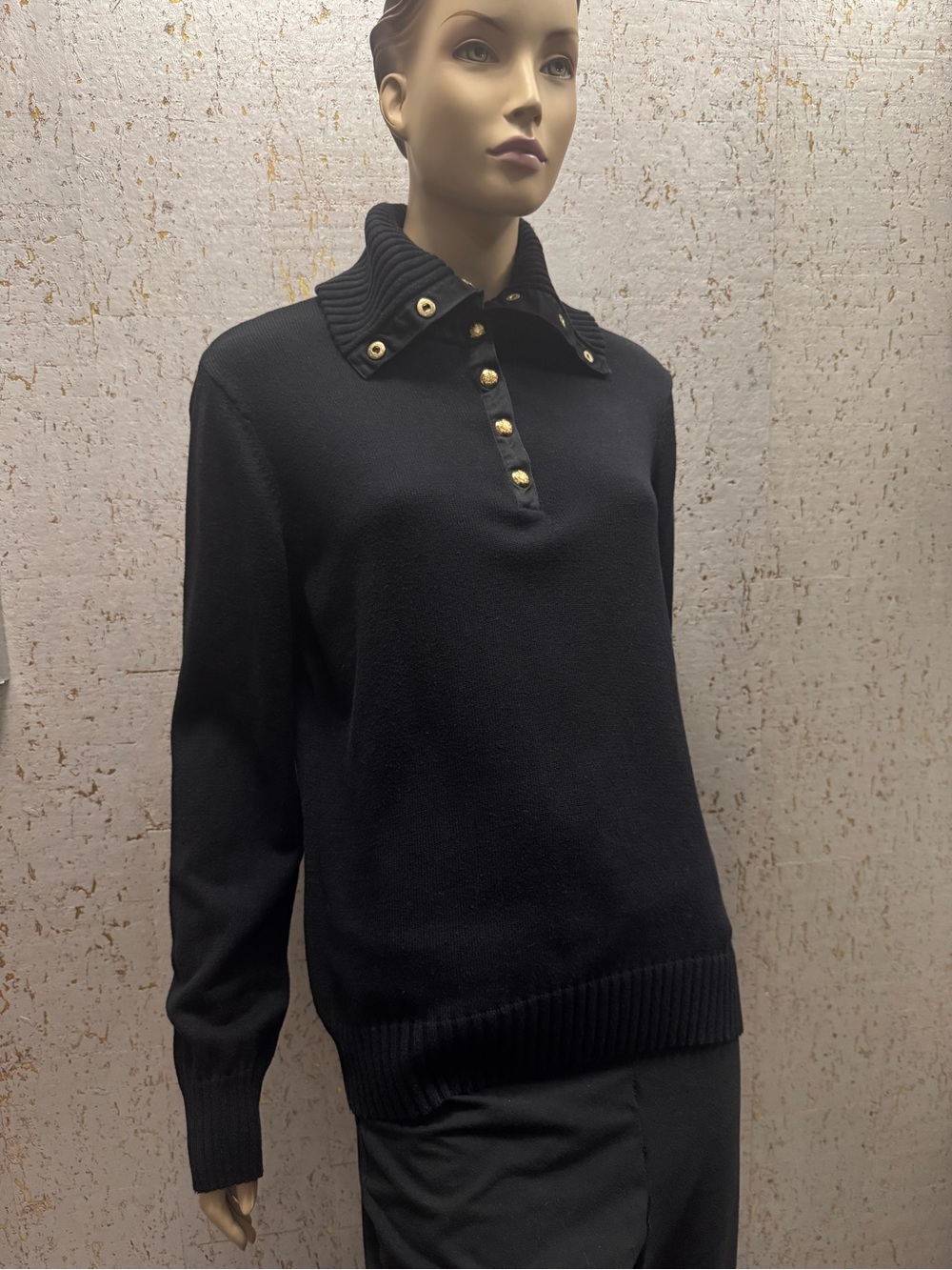 Ralph Lauren Black Ribbed Collar Sweater with Gold Buttons